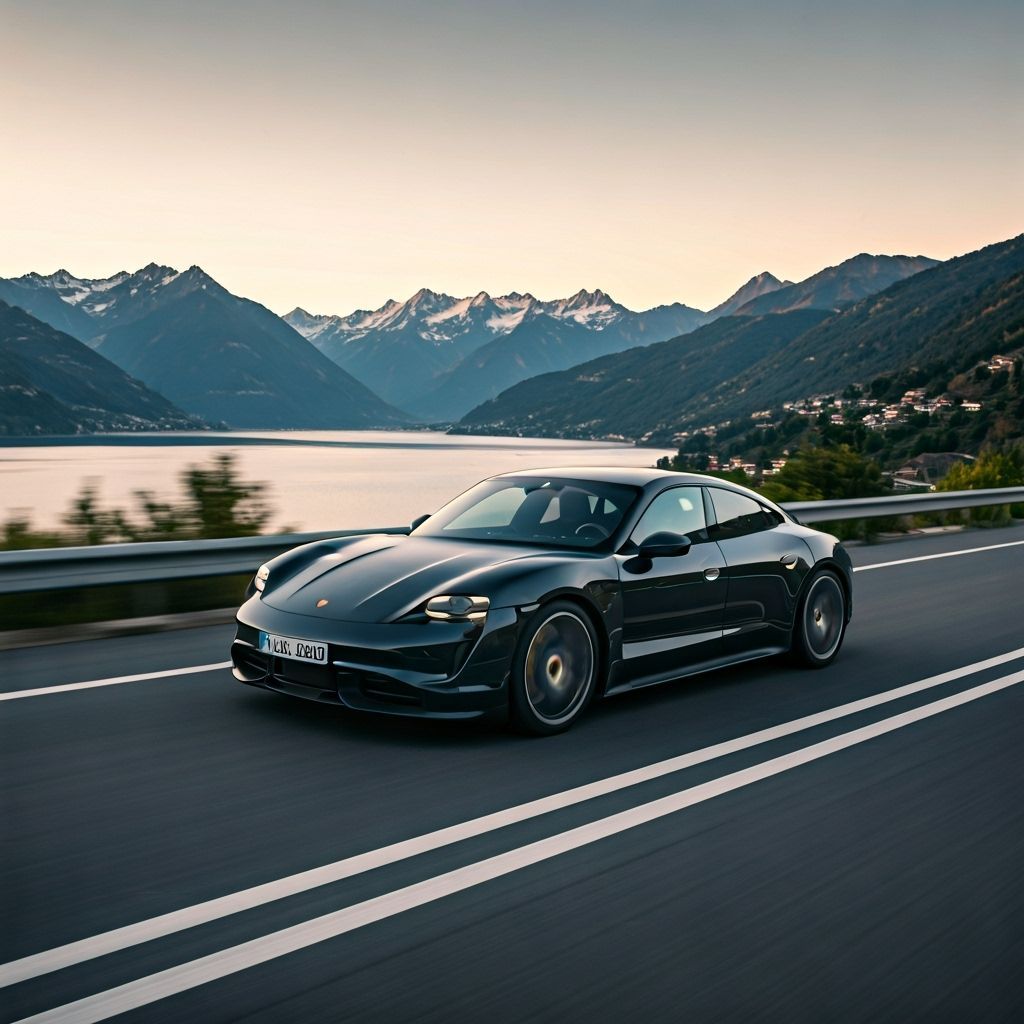 Black Porsche Taycan on Winding Road at Golden Hour