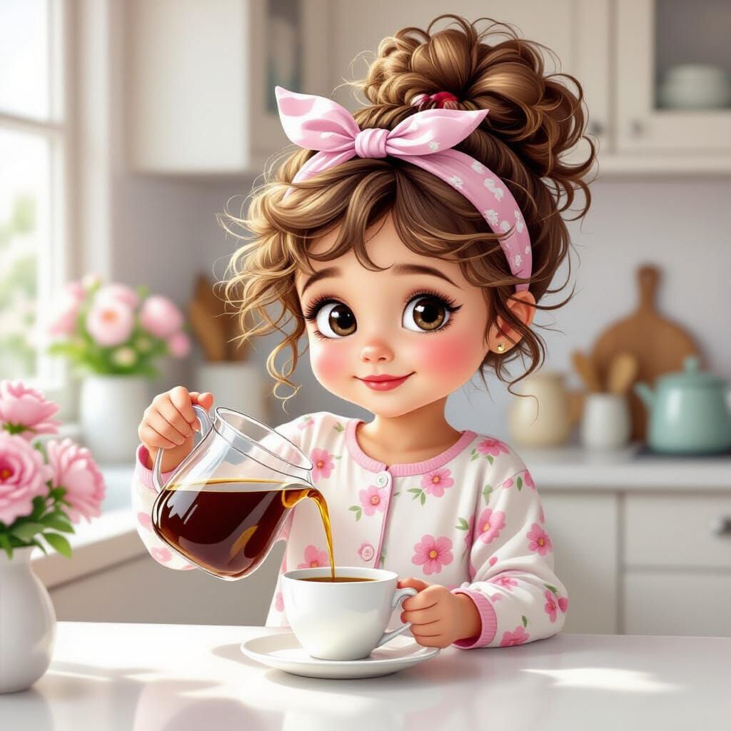 Girl Pours Coffee in Sunlit Kitchen