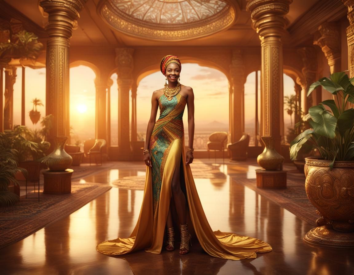 African Model in Art Nouveau Lobby with Silk Dress