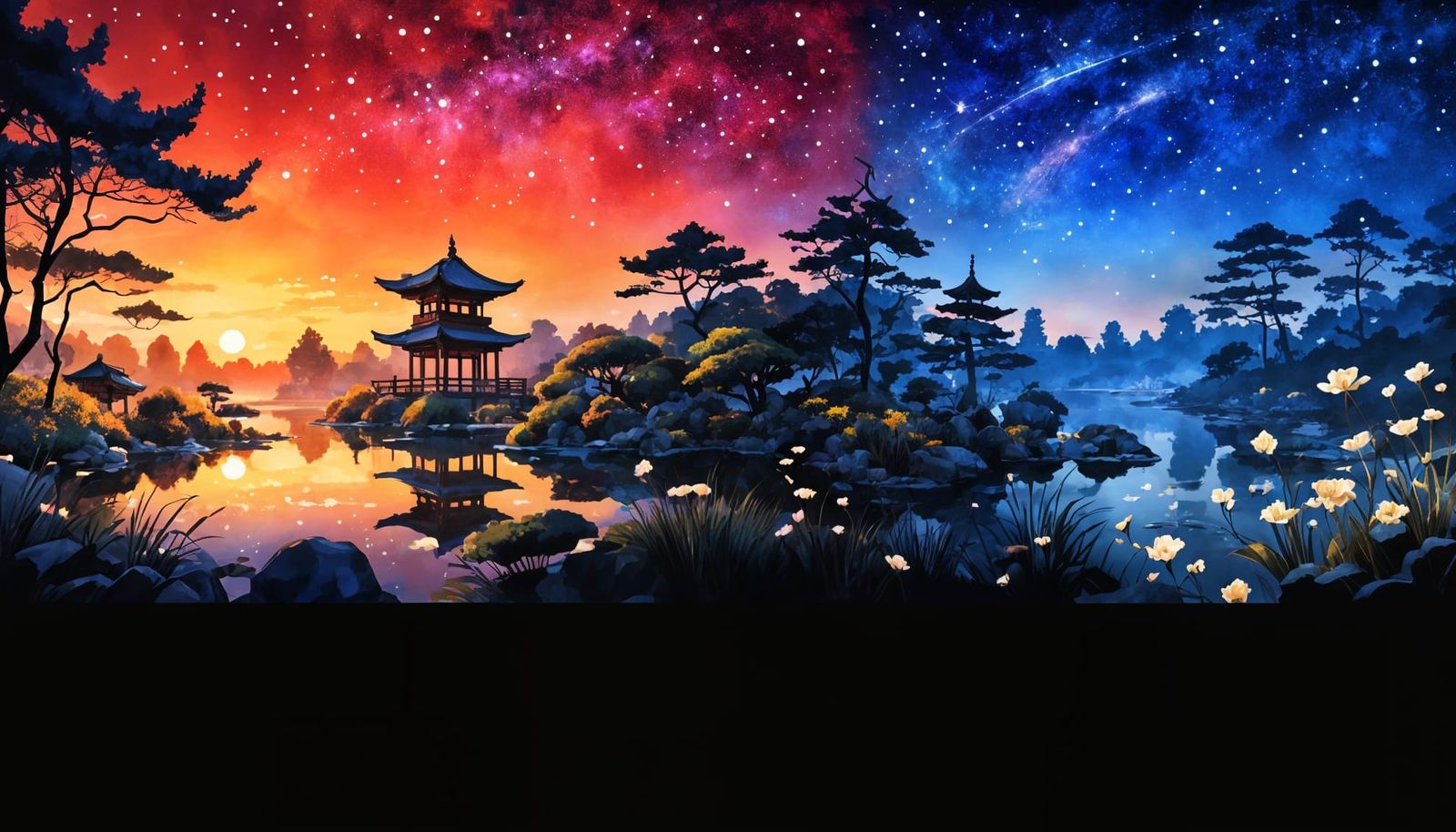 Luminous Sunset over Japanese Garden in Rococo Style