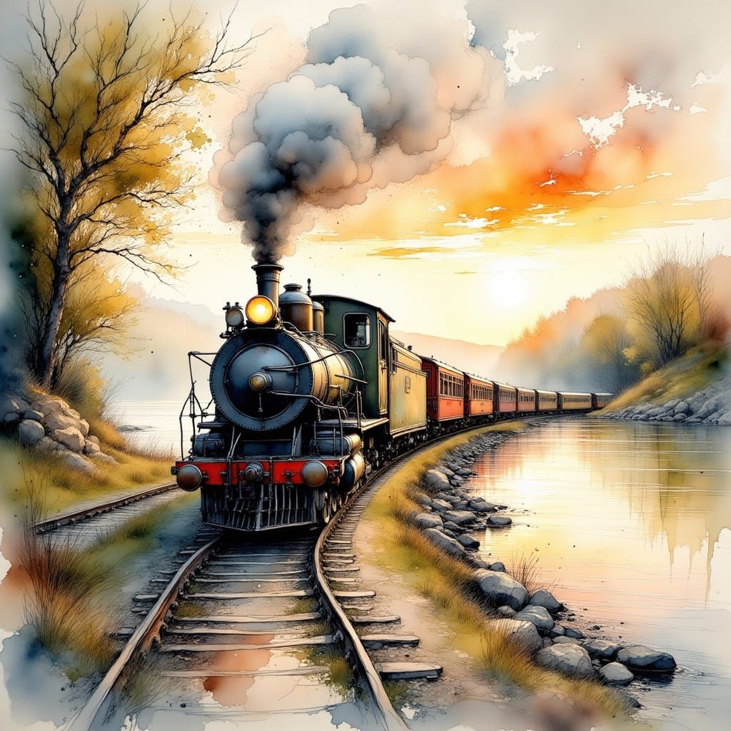 Vintage Steam Train Impressionist River Landscape
