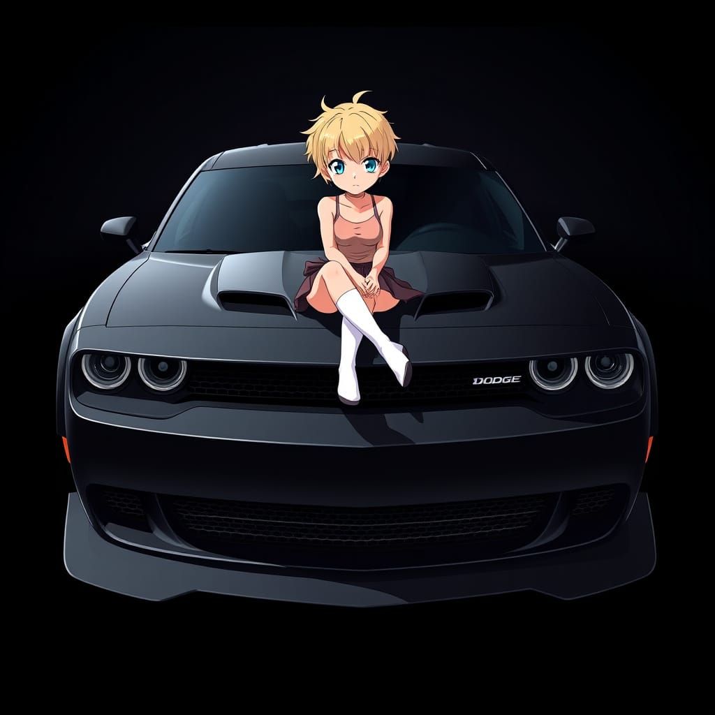 Anime Style Girl Poses on Dodge Hellcat