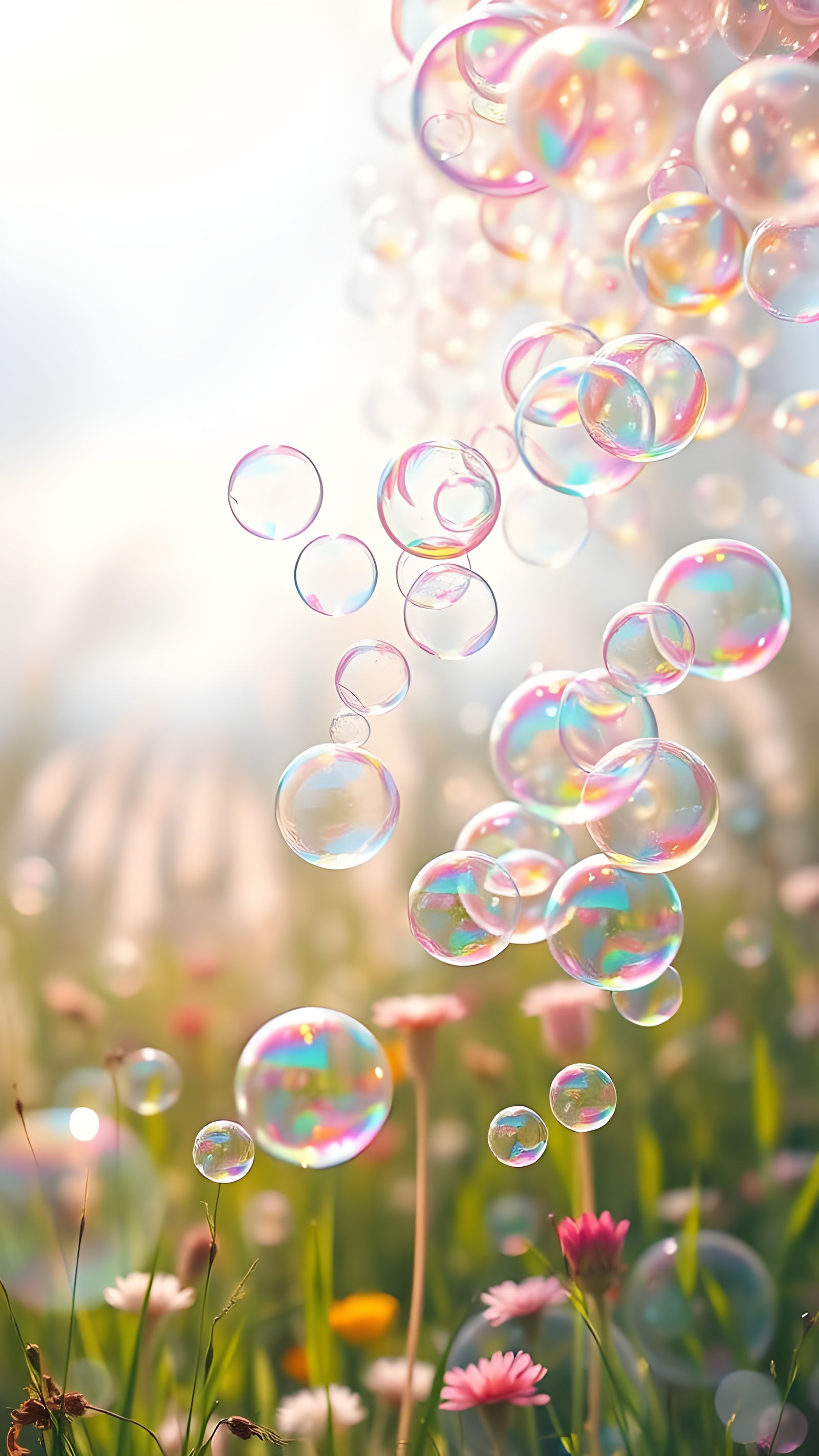 Iridescent Soap Bubbles Floating in Sunlit Meadow