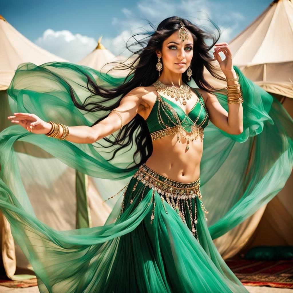 Arabian belly dancer with flowing tulle