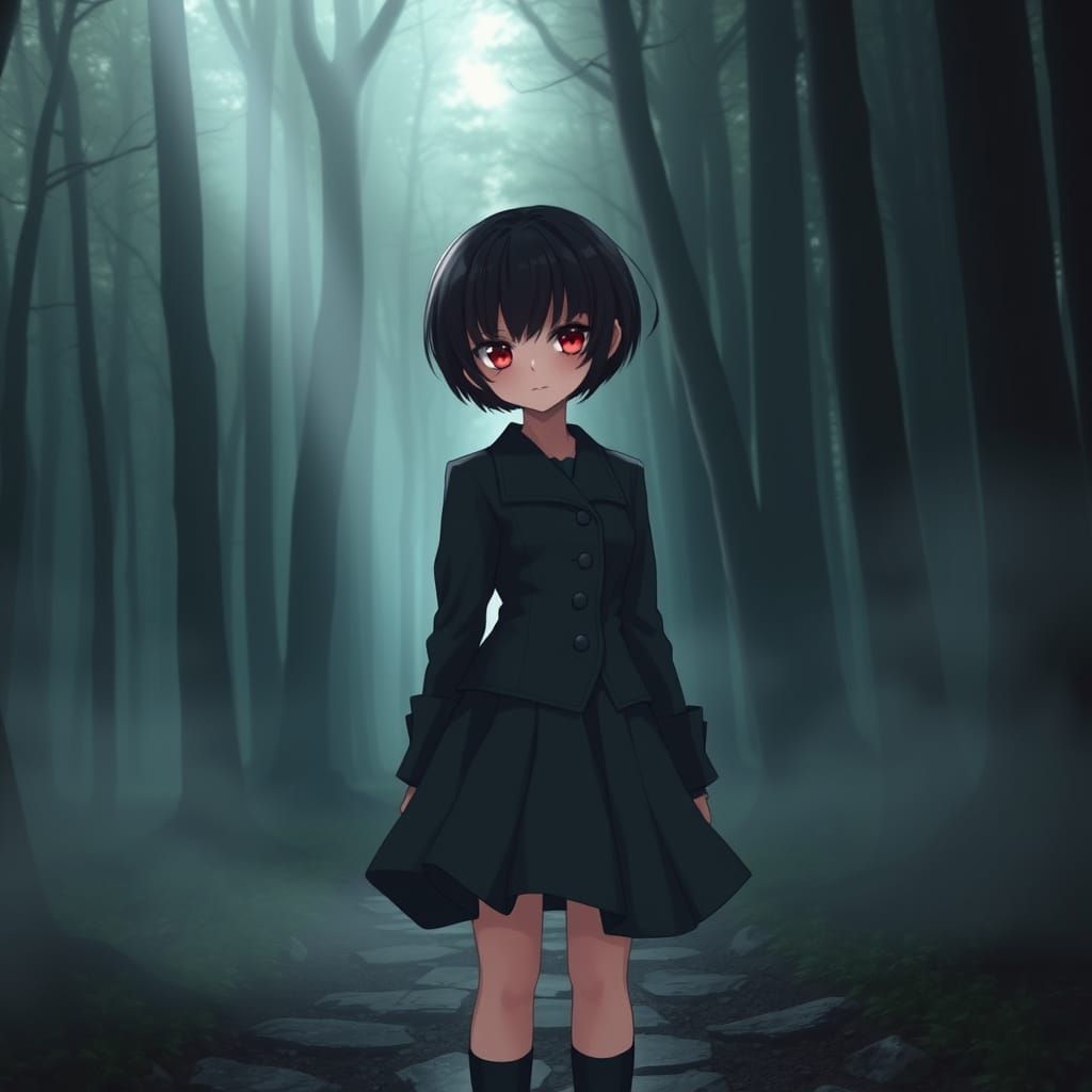 Mysterious Girl in Dark Forest Attire