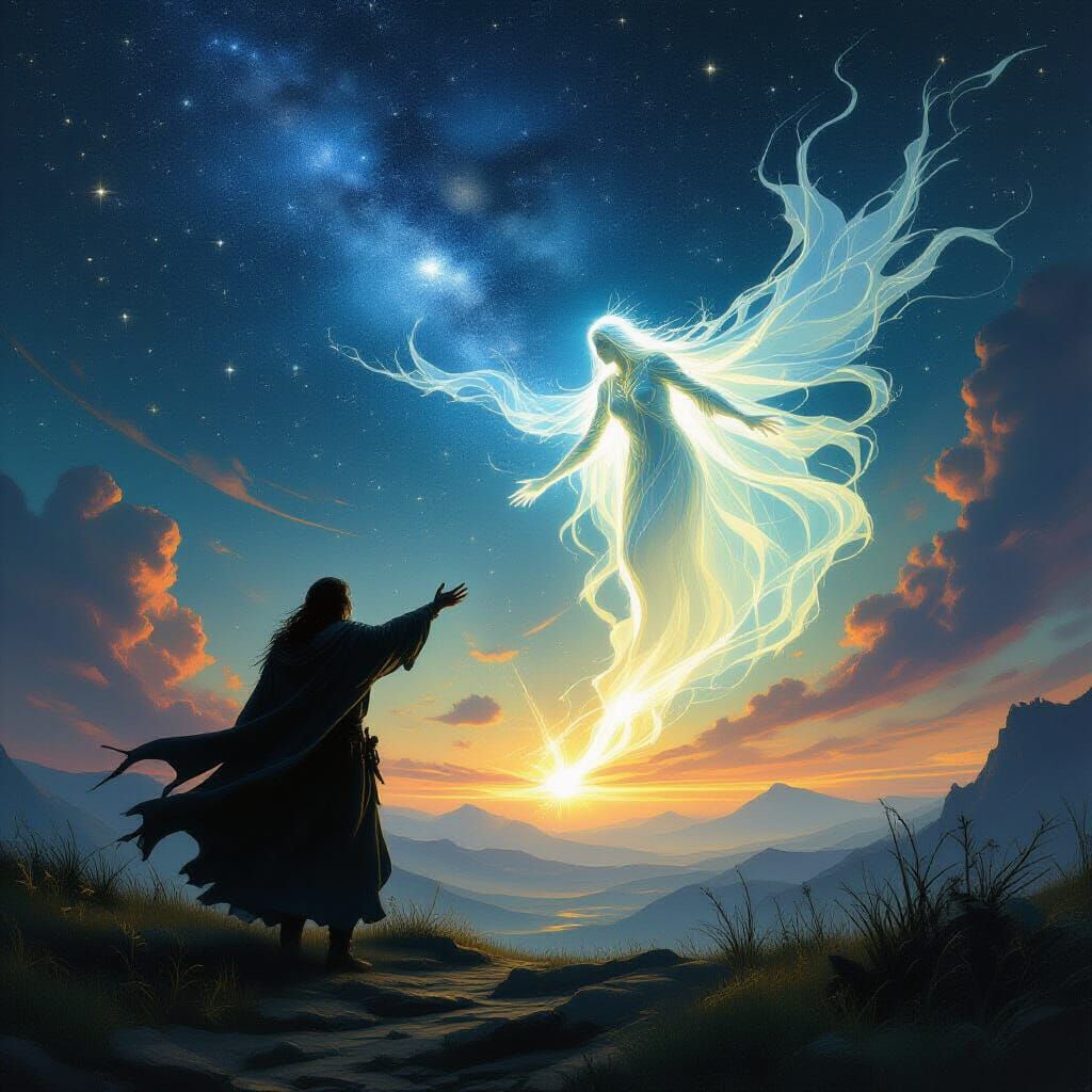 Wanderer Bound by Prophecy in Dark Fantasy Landscape