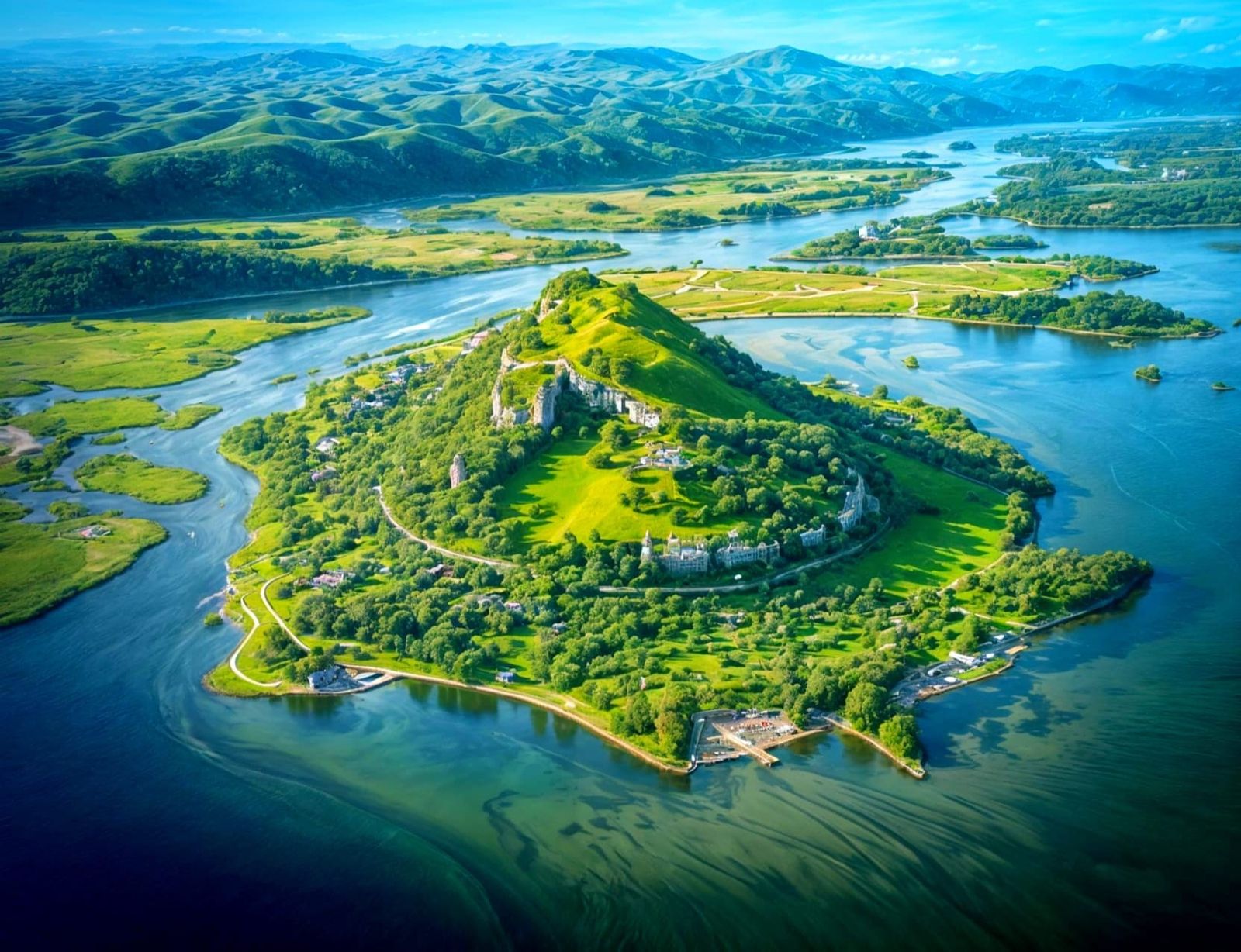 Overhead View of Island in Major River