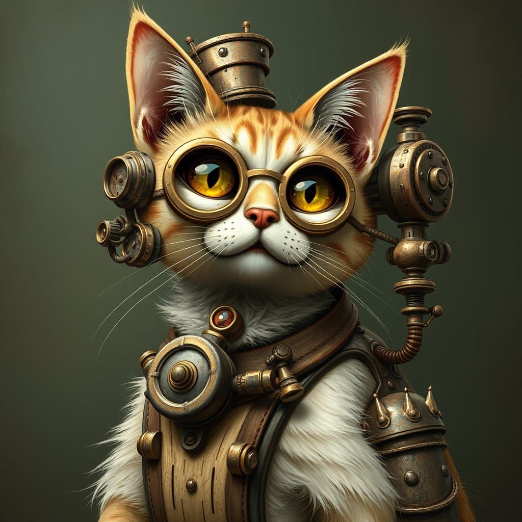 Futuristic Feline Inventor in Steampunk Gear