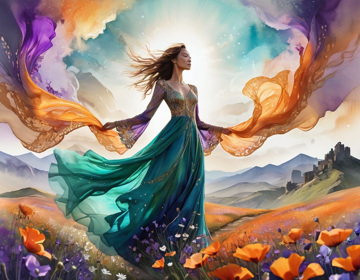 Woman in Flowing Dress in Wildflower Meadow at Golden Hour