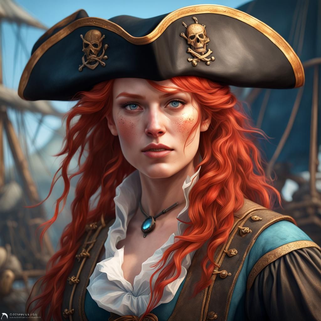 Red-Haired Pirate Portrait in Art Nouveau Style