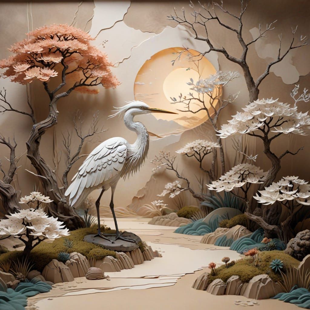 Paper Heron in Surreal Zen Garden Landscape