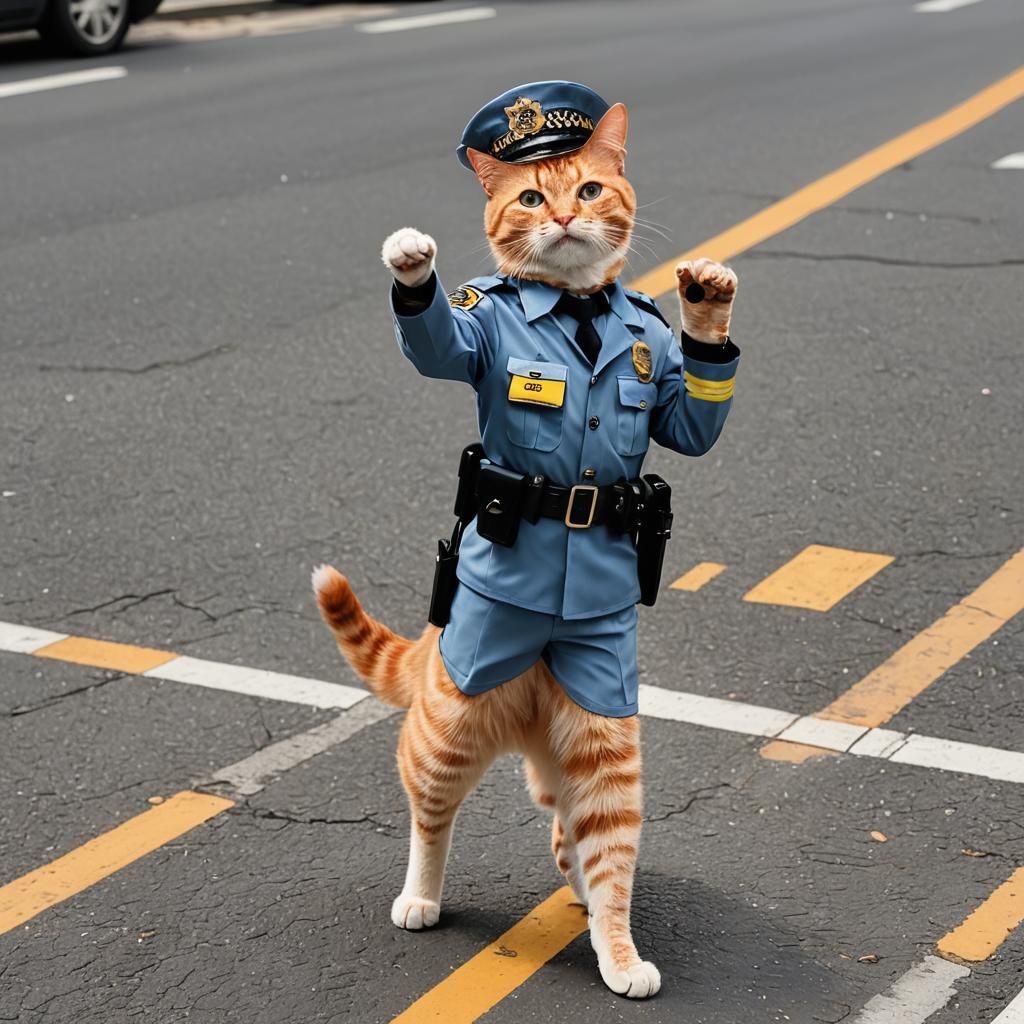 Orange Cat Directing Traffic as Police Officer