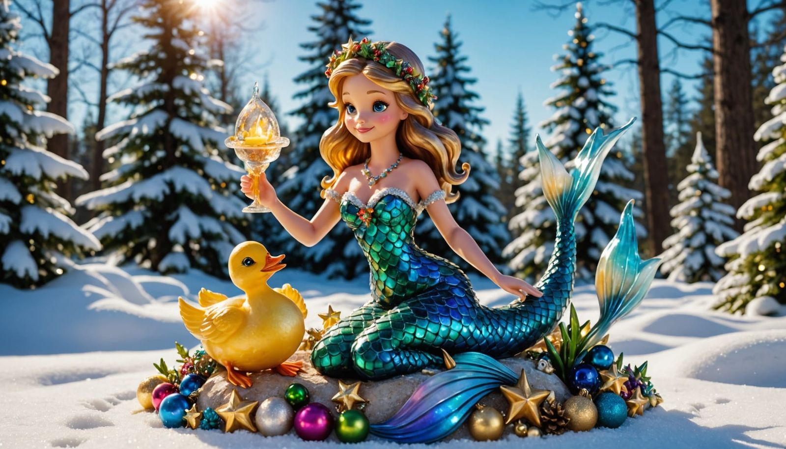Majestic Christmas Fantasy with Playful Duckling