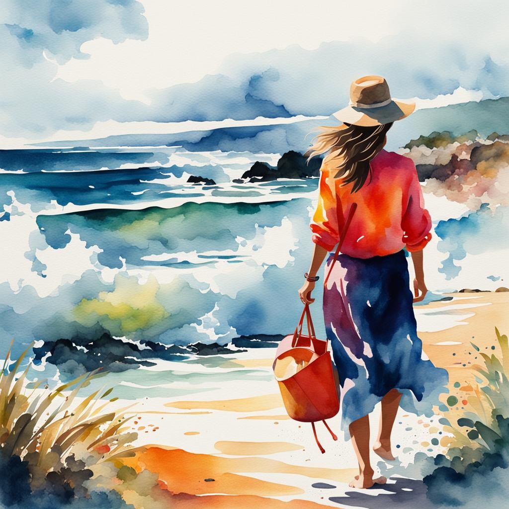 Watercolor Woman at Sea Shore in 8K