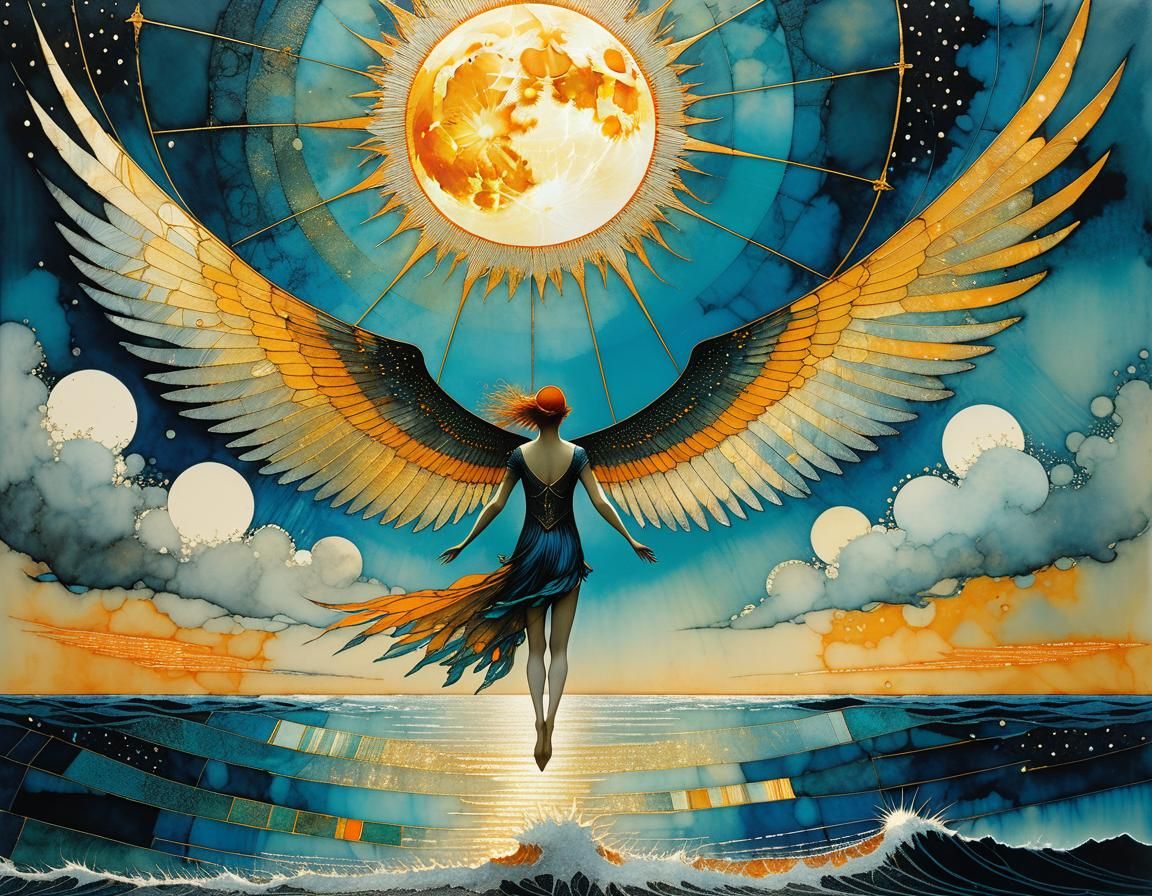 Icarus Falls into the Sea in a Vibrant Fairytale Illustratio...