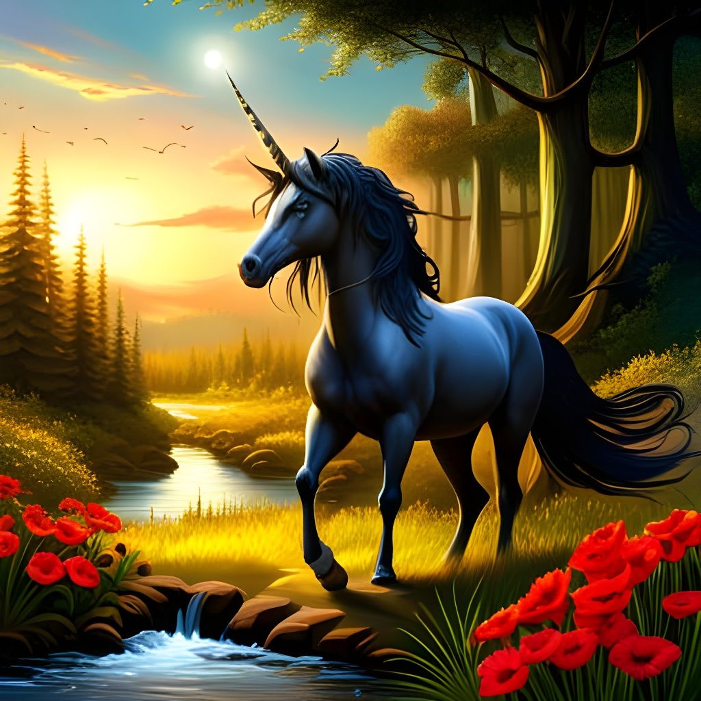 Majestic Black Unicorn in Enchanted Forest