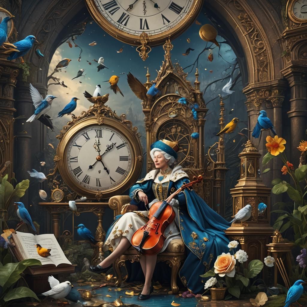 Surreal Dreamscape: Queen, Clock, and Violin Bird