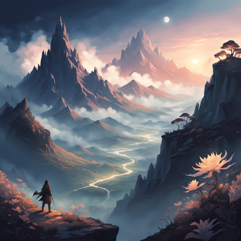 Ethereal Dragon with Clockwork Scales on Misty Mountain Peak