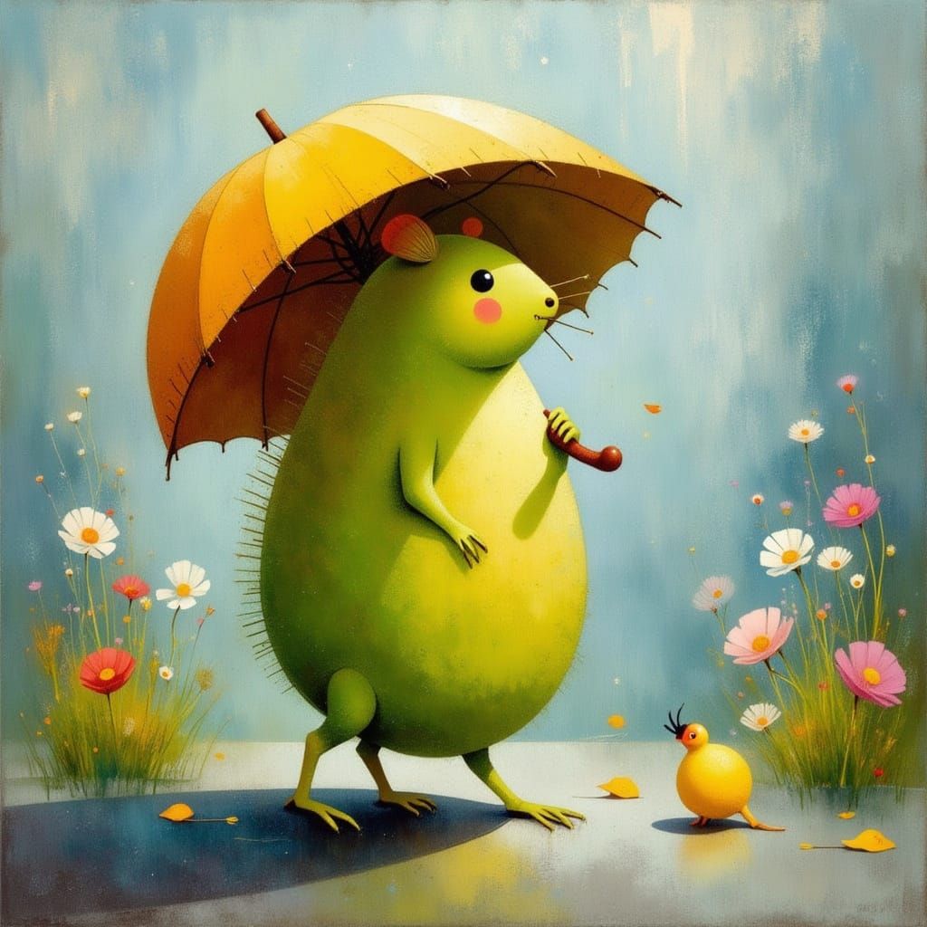 Cute Creature with Umbrella in Anime Style