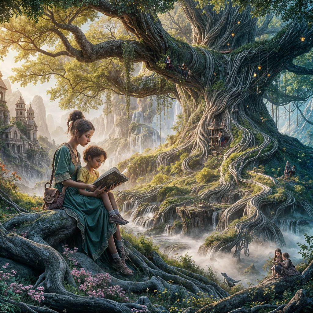 Mother and Child Reading Under a Majestic Tree in Whimsical ...
