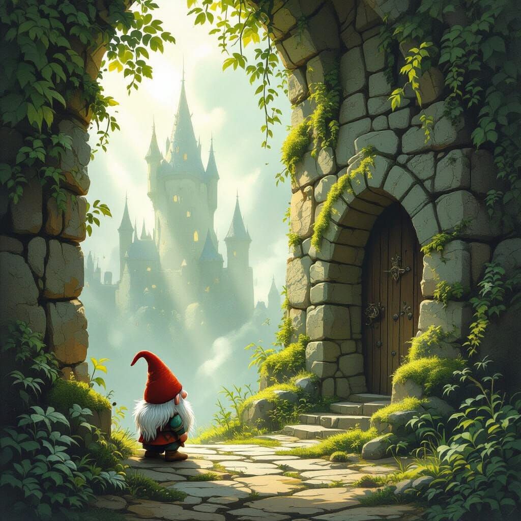 Whimsical Gnome Before Colossal Castle Wall