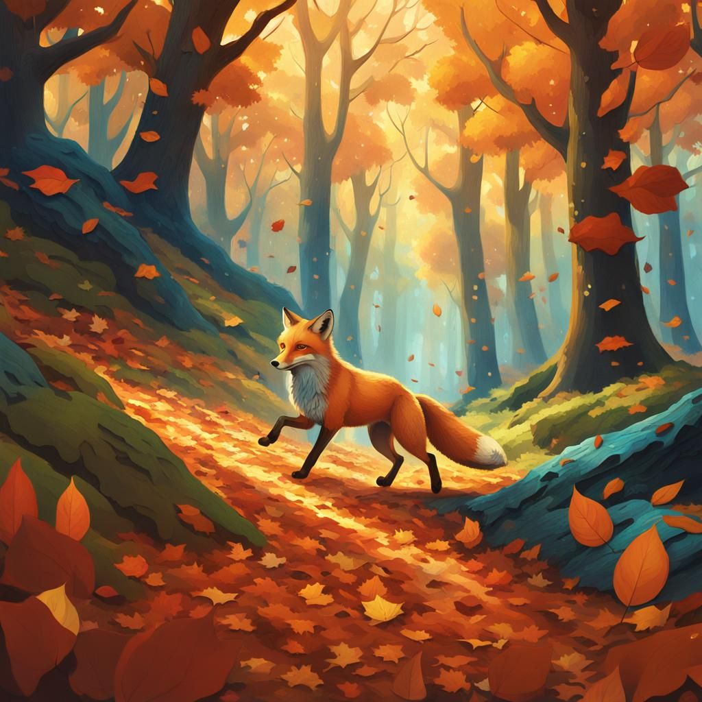 Fox in Autumn Forest: Fantasy Matte Painting
