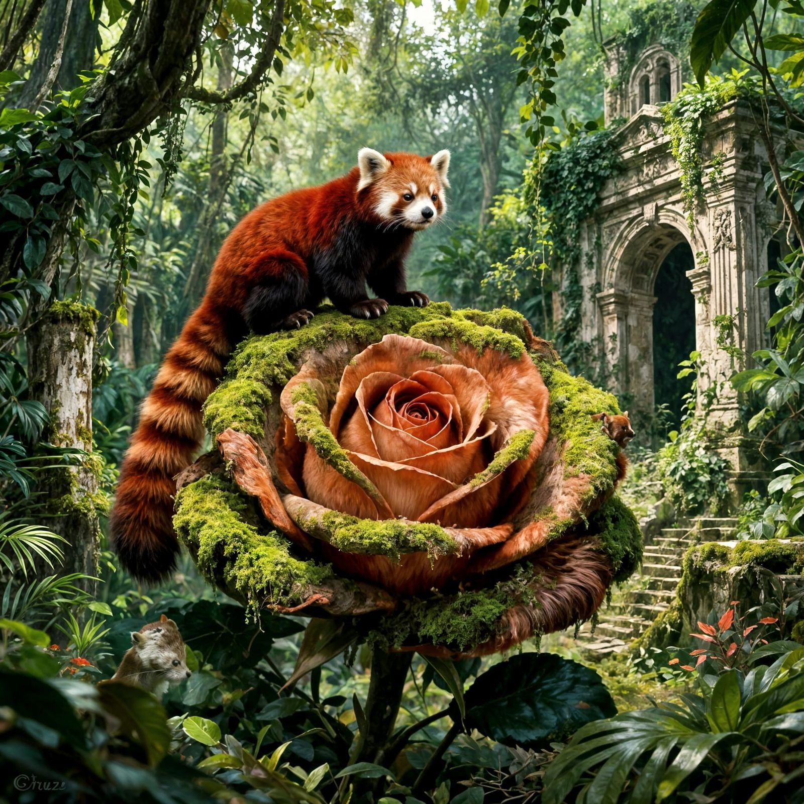 Red Panda on Giant Rose in Enchanted Jungle Ruins