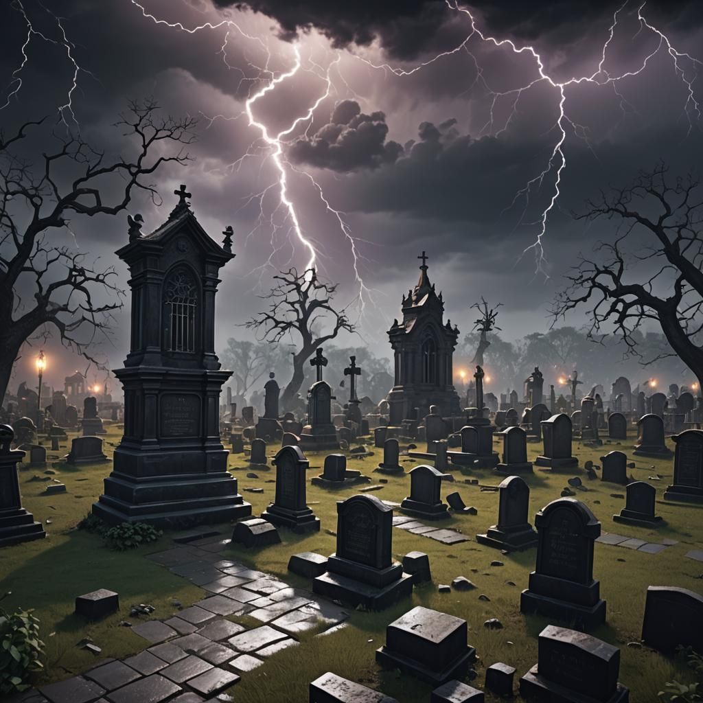 Eerie Graveyard Scene on Stormy Night
