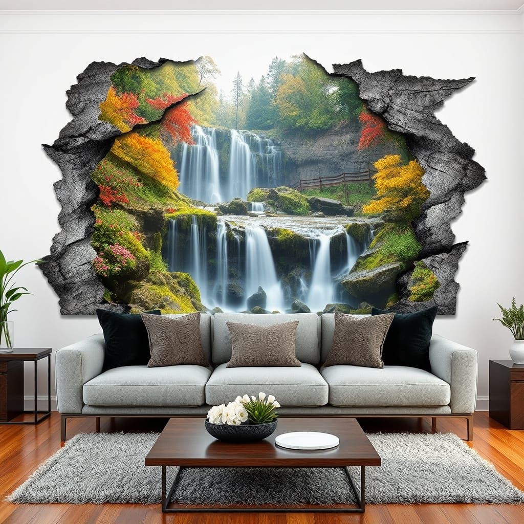 Waterfall Landscape Flowing From Wall Painting
