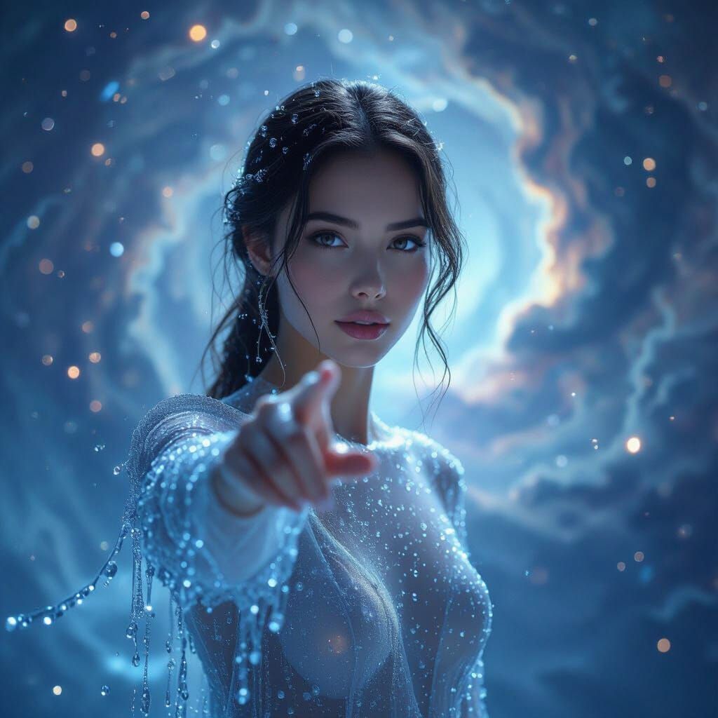 Woman Made of Water Droplets in Cosmic Nebula