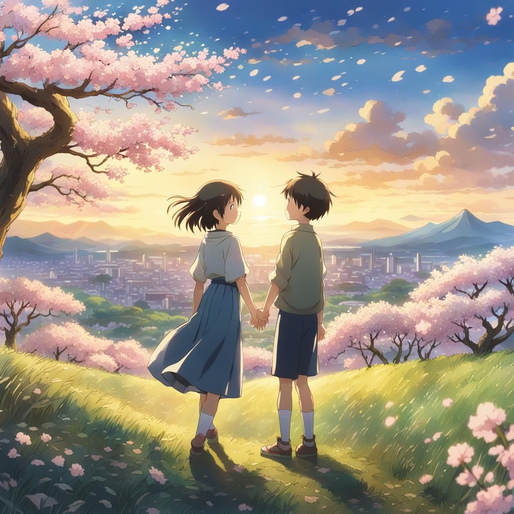 Joyful Anime Girl with Cherry Blossoms in Wind