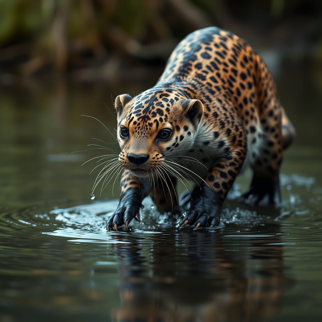 Photorealistic Leopard-Otter Hybrid Emerges from River