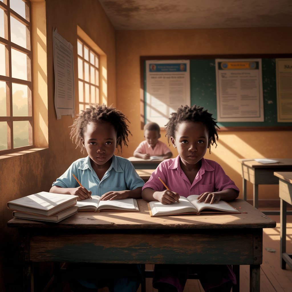 Hopeful Students in a Sunlit African Classroom