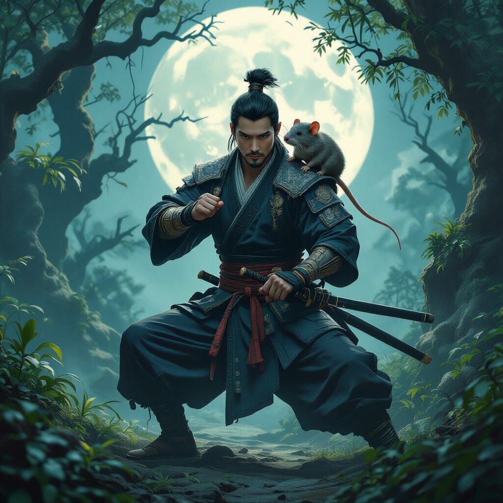Chinese Prince Warrior in Moonlit Forest