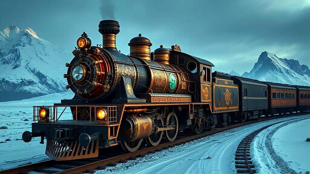 Aztec Steampunk Locomotive in Winter Mountains