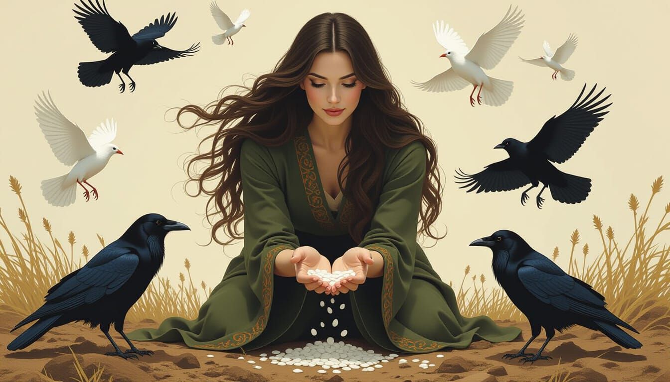 Surreal Woman with Birds in Dreamlike Landscape