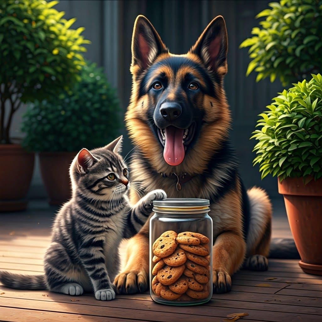 Kitten and German Shepherd Steal Cookie Jar