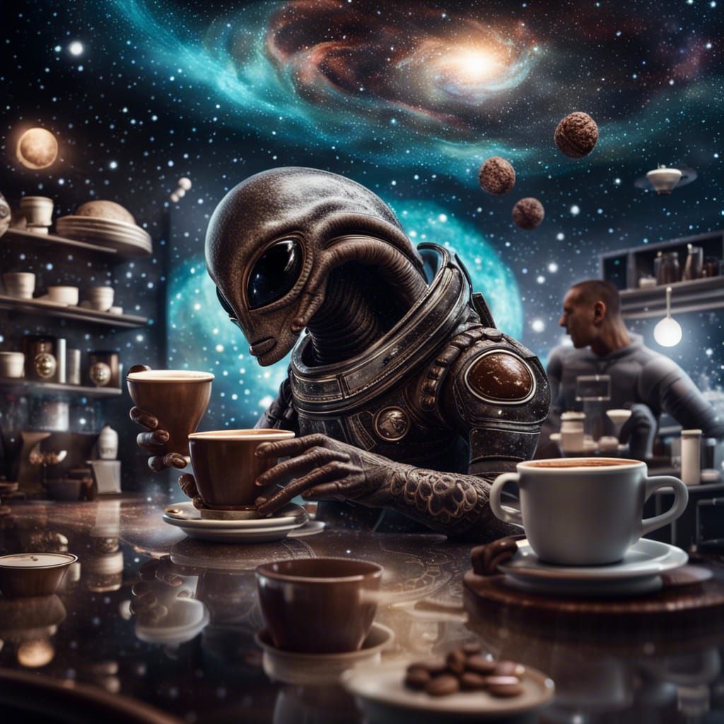 Photorealistic Coffee Shop in Space With Alien Customers
