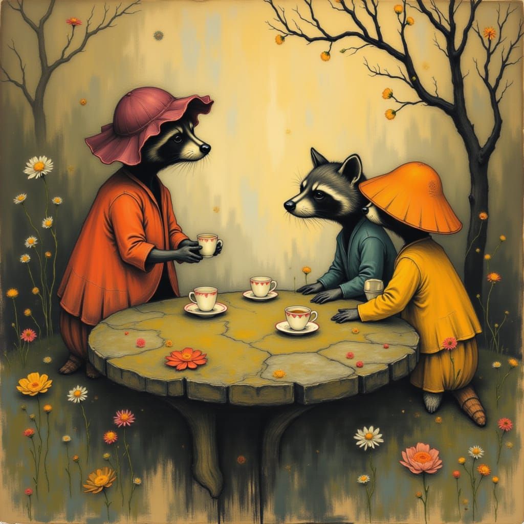 Whimsical Raccoons Enjoy Tea in Sun-Dappled Glade