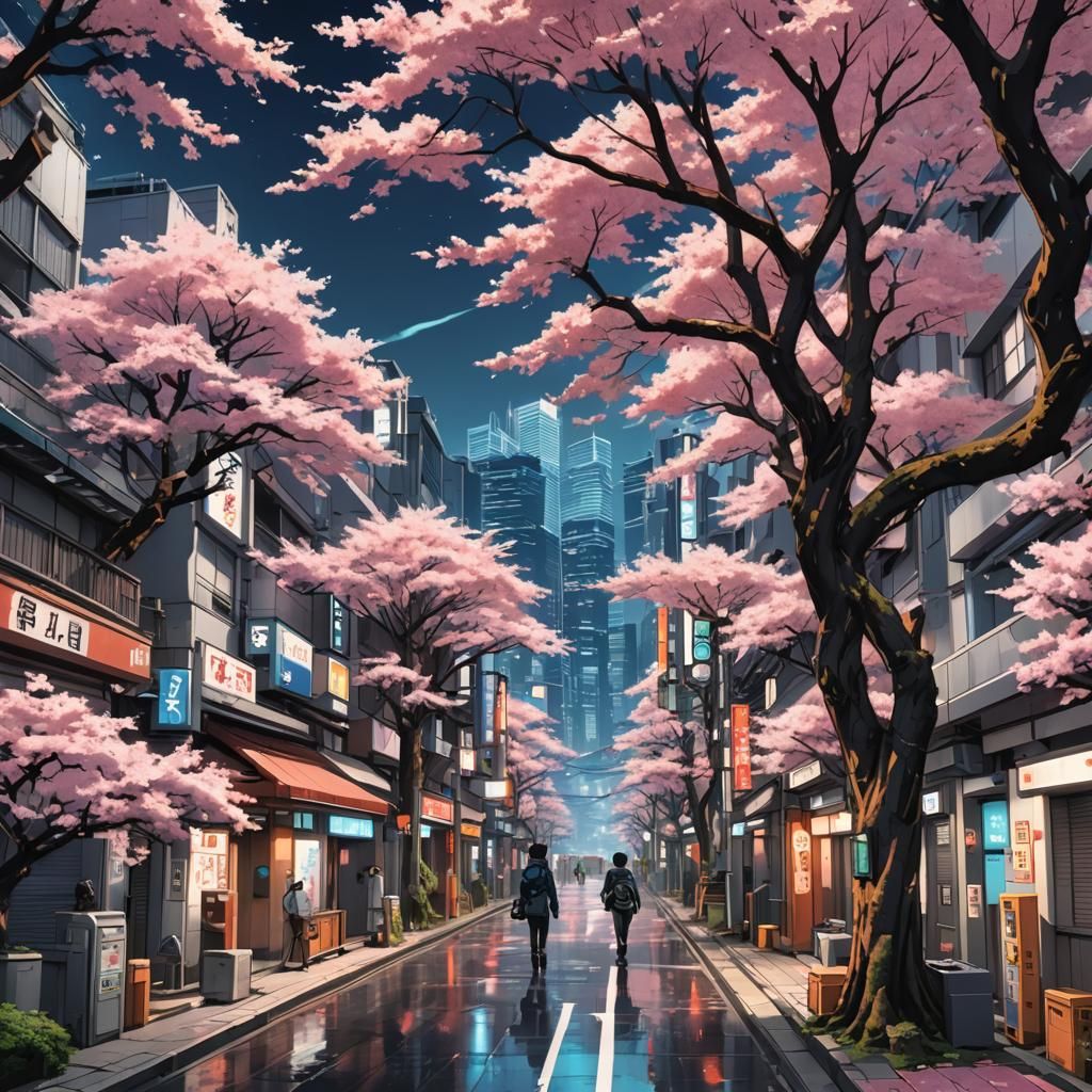 Futuristic Tokyo with Sakura Trees in Anime Style