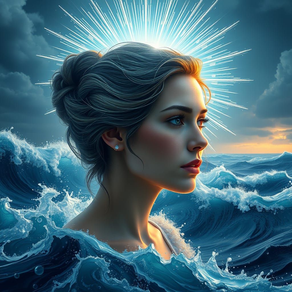 Ethereal Goddess Radiates Starlight Amidst Turbulent Ocean