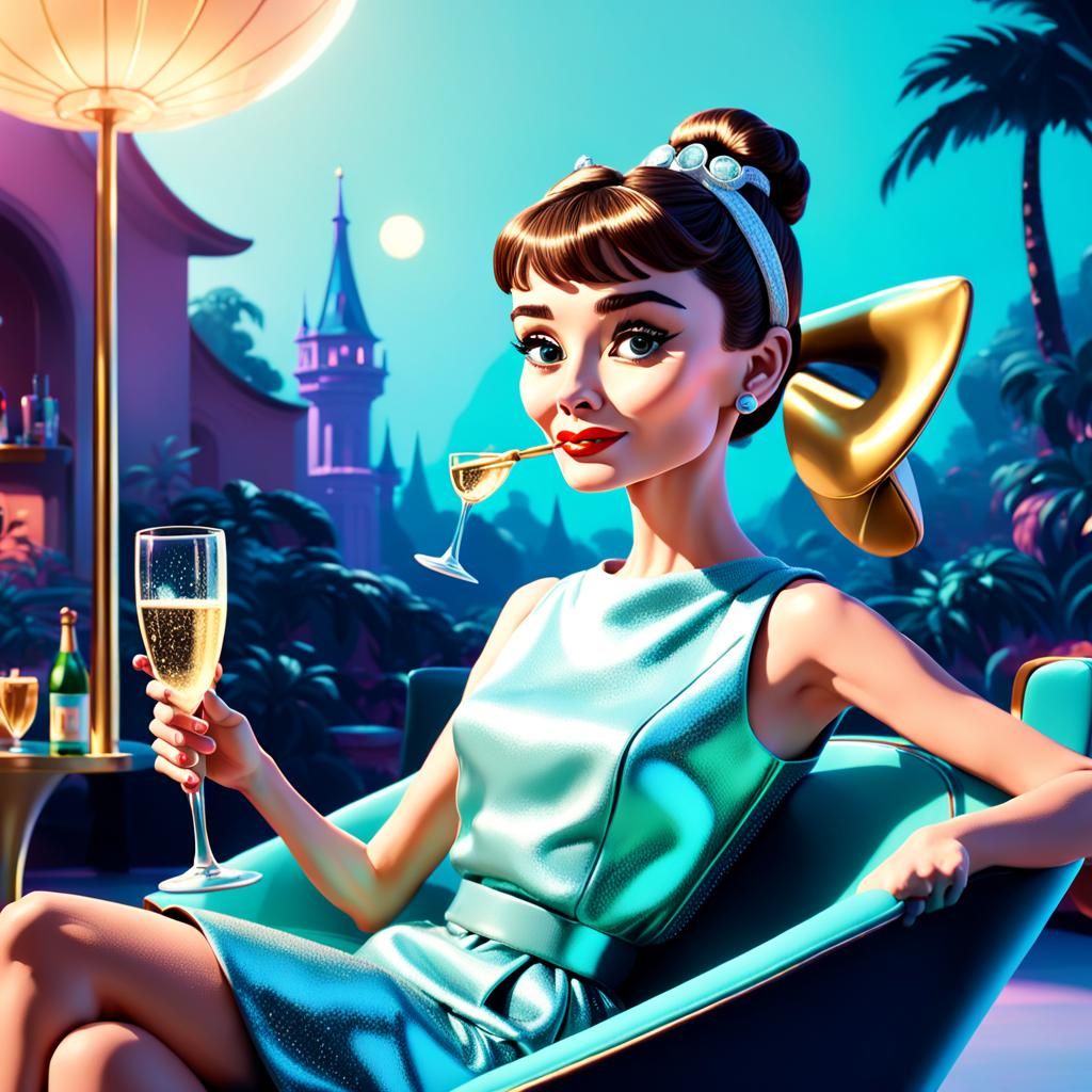 Audrey Hepburn Sipping Champagne: Pixar-Style 3D Art
