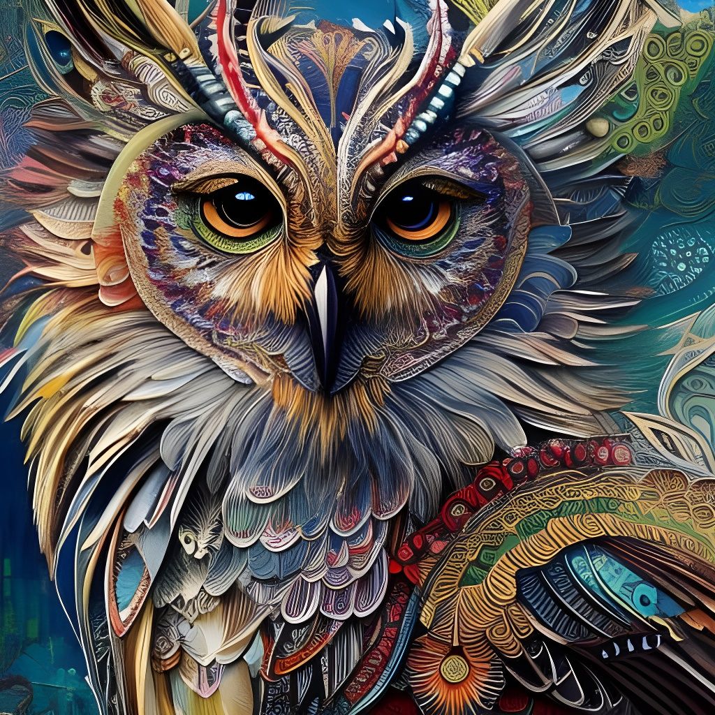 Intricate Owl Collage with Sparkle, Fantasy Art