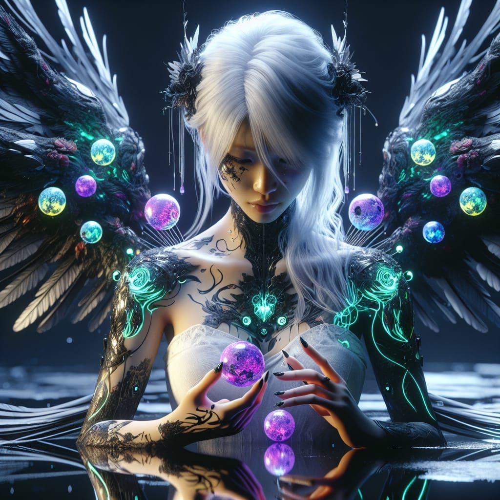 Melancholic Cyborg Angel with Bioluminescent Orbs