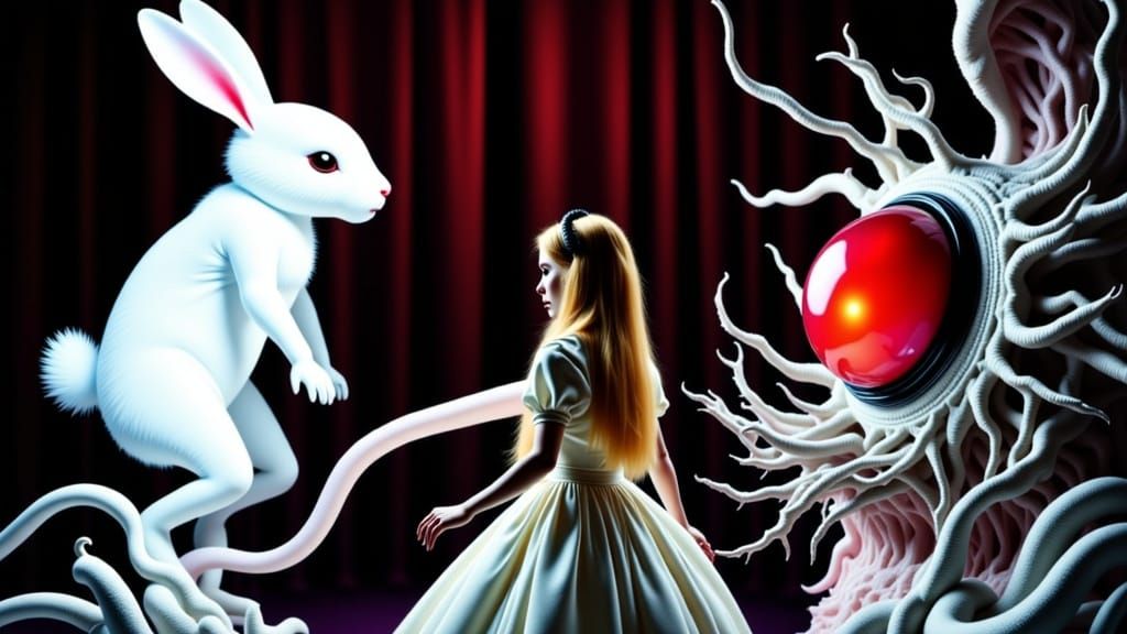 Surreal Alice Pursues Mutated Rabbit in Bizarre Wonderland