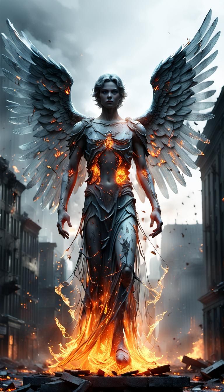 Glass Angel with Inner Fire in Ruined City