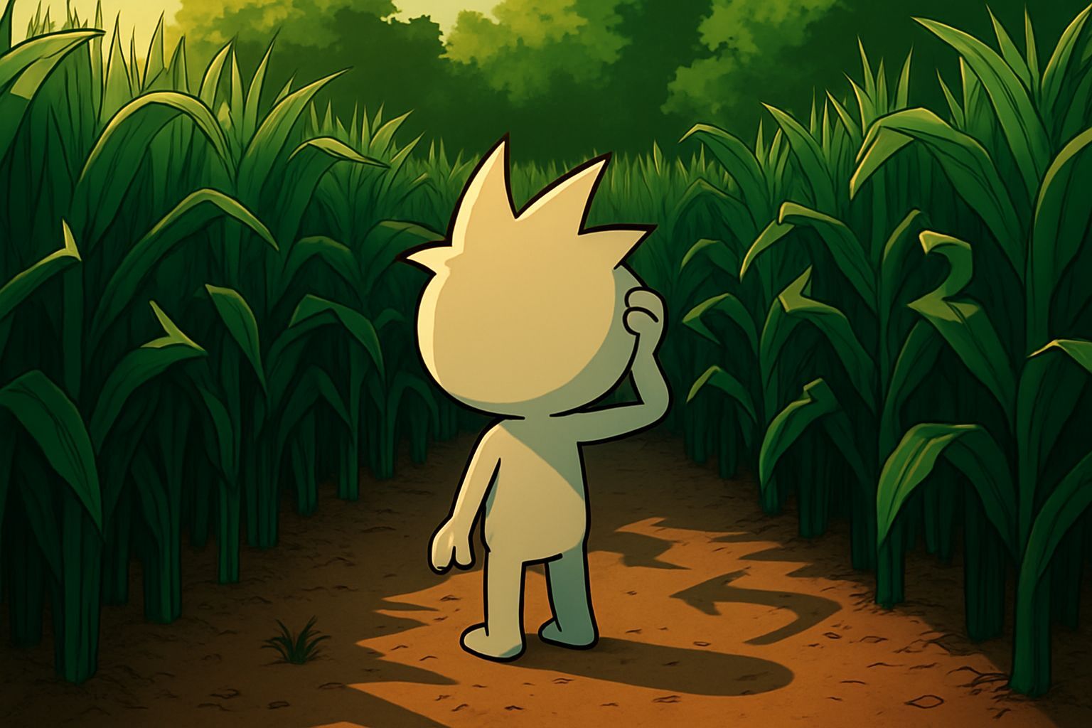 Cartoon Figure Lost in a Corn Maze