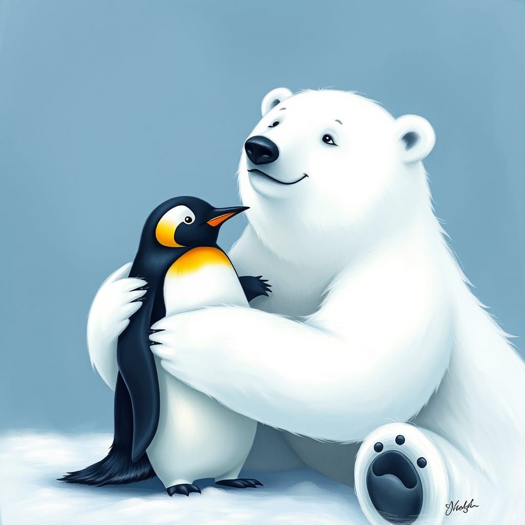 Penguin and Polar Bear Share a Heartwarming Hug