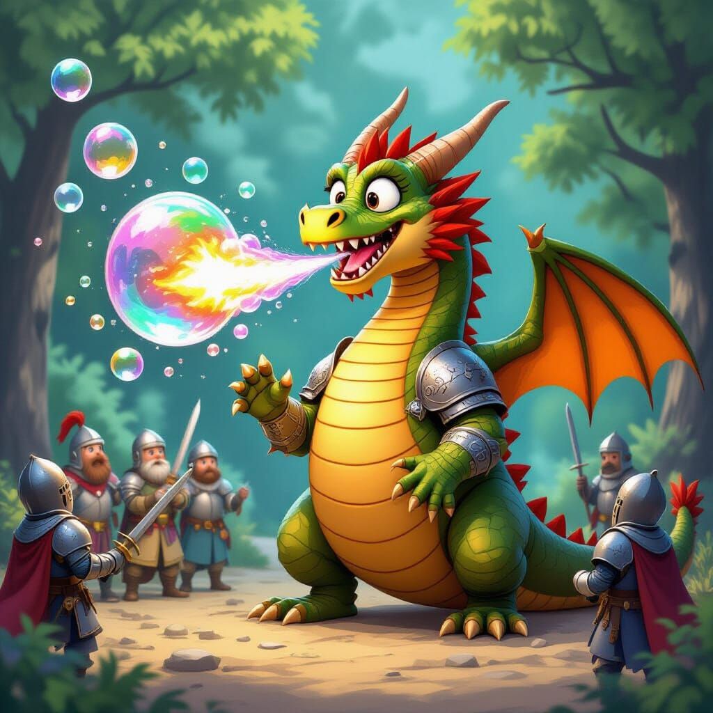Dragon Sneezes Bubbles, Confuses Knights in Whimsical Cartoo...