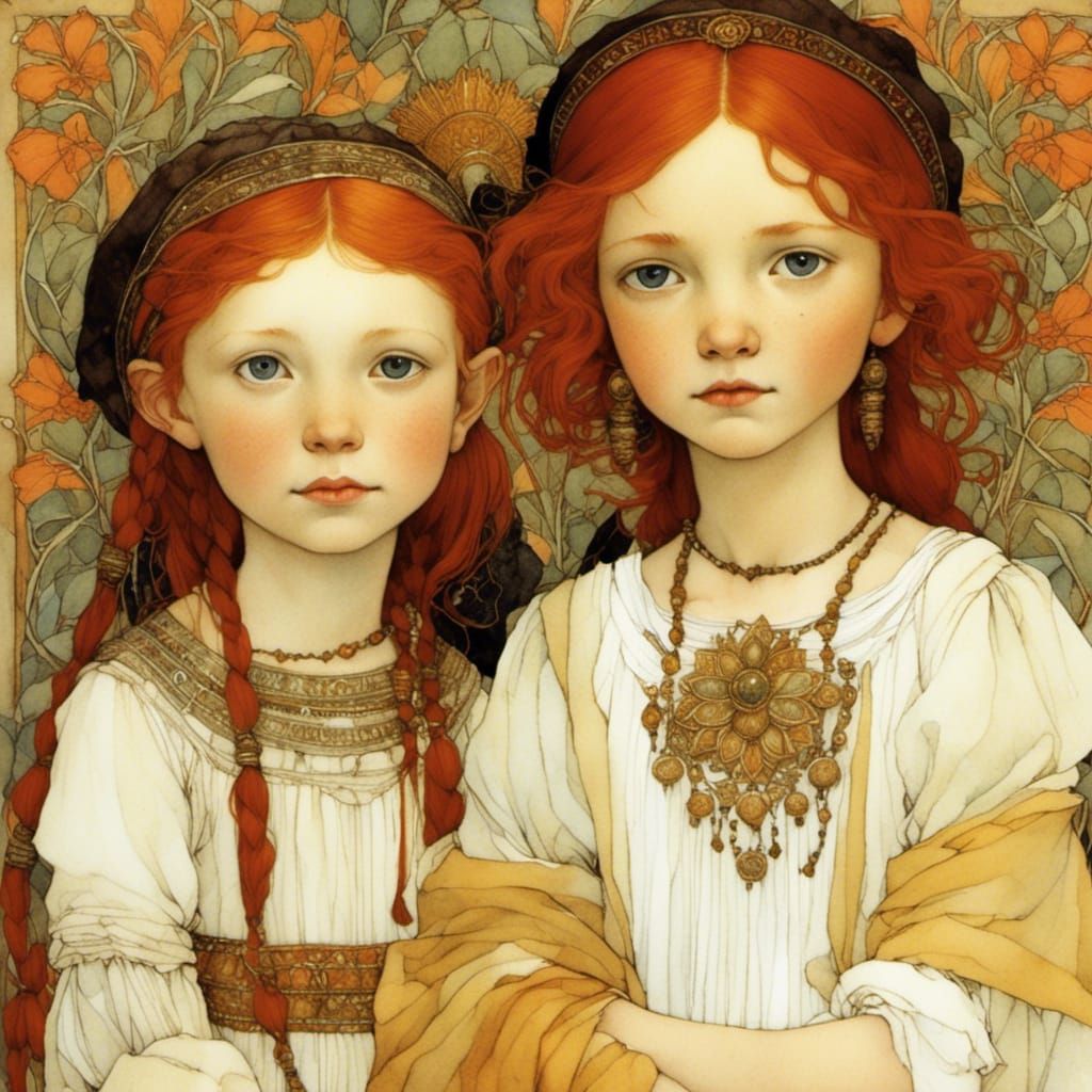 Sisters in Ancient Egyptian Style with Vibrant Red Hair